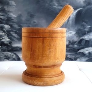 Vintage IMUSA Wooden Mortar and Pestle Solid Wood Spice Grinder, Rustic Kitchen